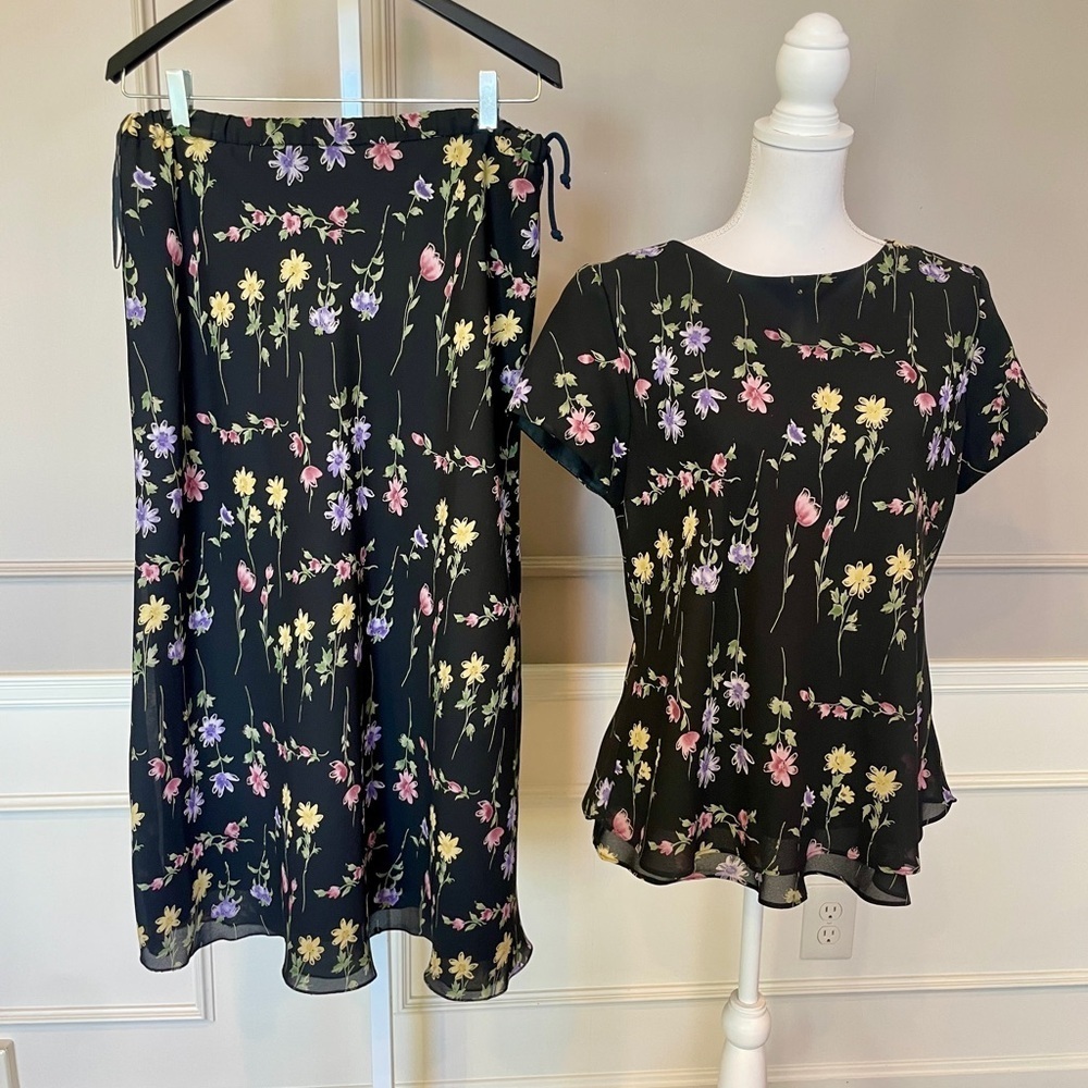 Jessica Howard Vintage 90s Y2K Skirt Top Set Black Floral 12 14 Feminine Retro